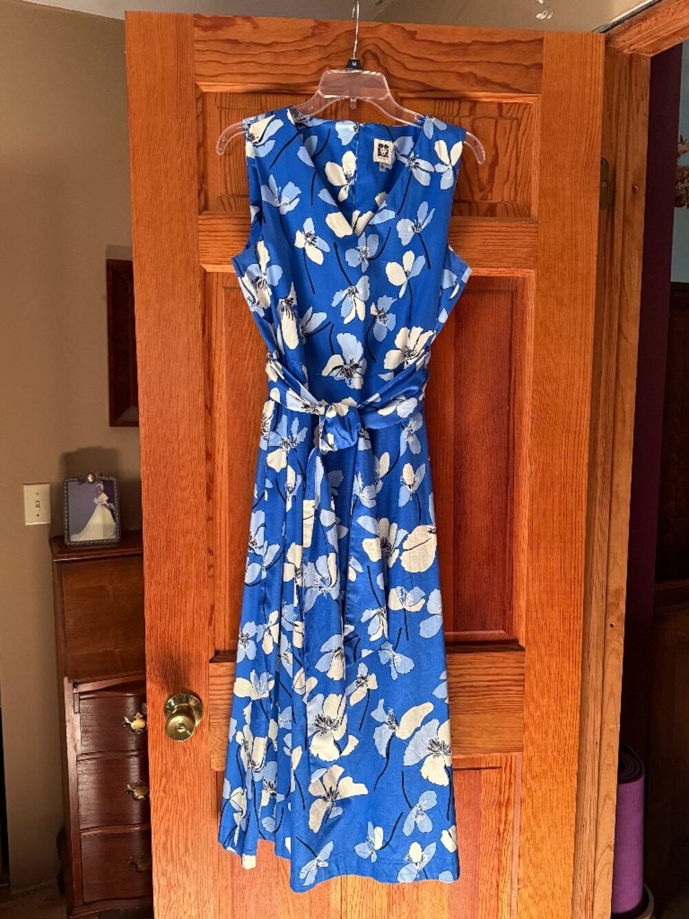 Anne Klein Blue Floral Midi Dress with Belted Sash (Medium)